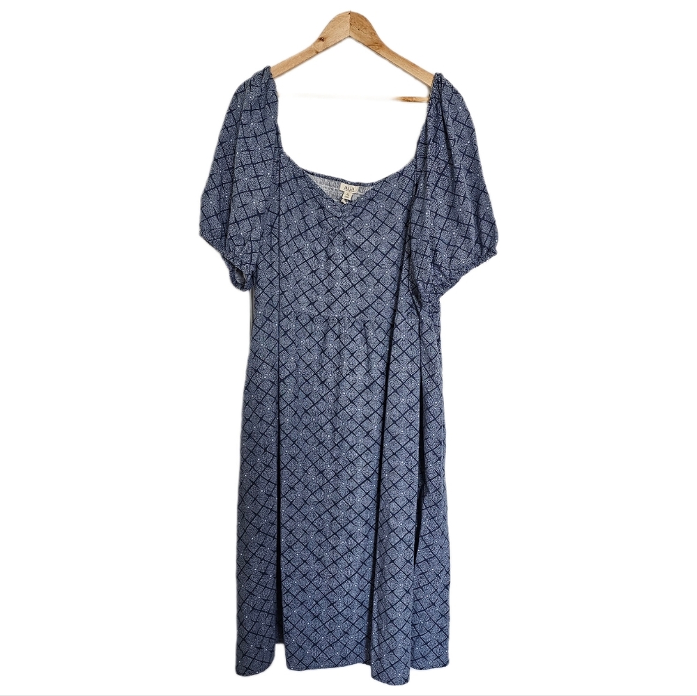 Floral Cottagecore Blue Geometric linen blend milkmaid puff sleeve dress nwt